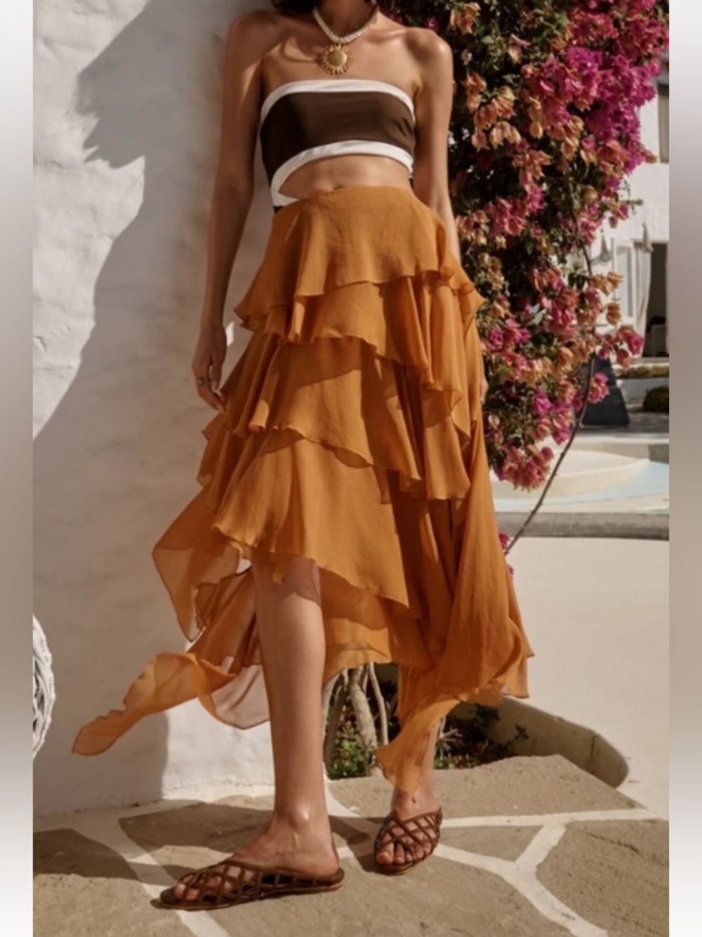 Zara Rust Tiered High-Low Ruffle Maxi Skirt - Picture 5 of 11